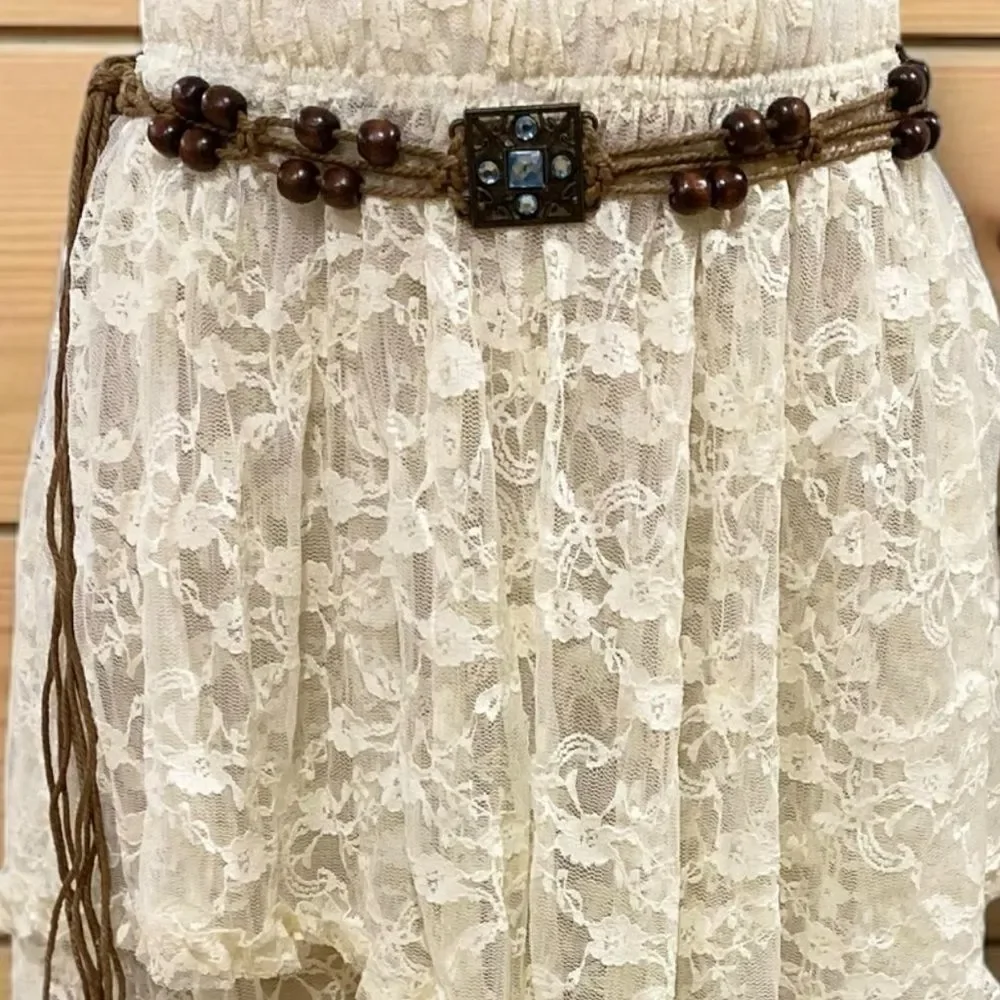 Brown Beaded Macrame Antique Brass Blue Crystal Fringe Belt NWT